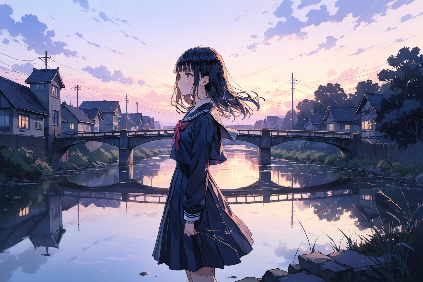 masterpiece, best quality, aesthetic,A Gentle girl,High school girl,black_smooth straight hair,jkseifuku,dusk,riverbank,bridge,wind,scenery,blunt bangs,scenery