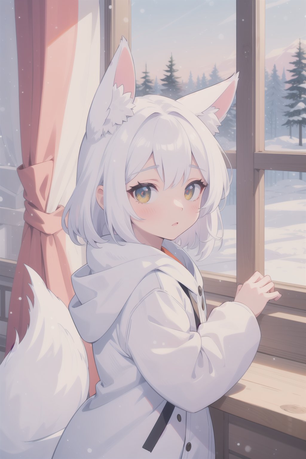 masterpiece, best quality, aesthetic,a fox girl,child,white hair,lang hair,amber eyes,Look out the window,winter landscape,Cozy,dusk,indoors,watercolor \(medium\),Color Booster,perfect light,High saturation