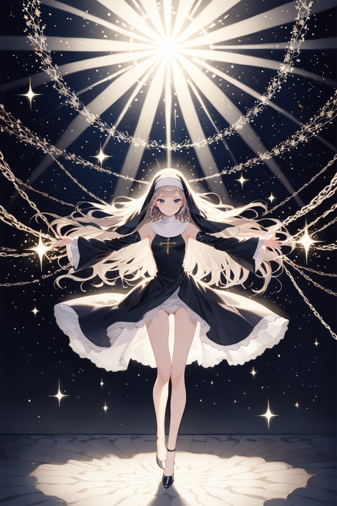 masterpiece, best quality, aesthetic,a nun,bright eyes,lace,floating sensation,Sideboob,holding the hope,stars,particle effects,extreme lighting and shadows,the boundary between light and shadow,highleg