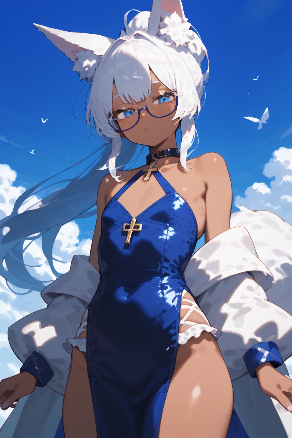 score_9, score_8, score_7,masterpiece, best quality,Tekeli,white fox ears,animal ear fluff,white fox tail,white hair,blue inner hair,long ponytail,sidelocks,((white eyelashes)),(blue eyes:1.3),blue_glasses,fashion,crucifix_collar,blush,off-shoulder,flat chest,otoko no ko,((tanned skin,wheatish complexion,dark skin))