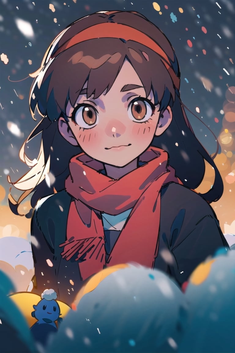 masterpiece,extremely detailed,A lovely girl,light （brown_longhair：1.4）,brown_bright eyes,Gentle expression,black_jkseifuku,Black_headband,red_scarf,snow,Falling snowflakes,winter,（Warm light：1.4）,（Warm tones：1.4）,:),（depth of field：1.6）,200mm,f/2,depth of field,evening,（night：1.2）,shadow,Highlight the characters,（christmas：1.8）,depth of field,ghibli,best quality,High detailed ,（light_face：1.2）,（light Illuminates the face：1.8）,（Bright faces：1.4）,(best quality