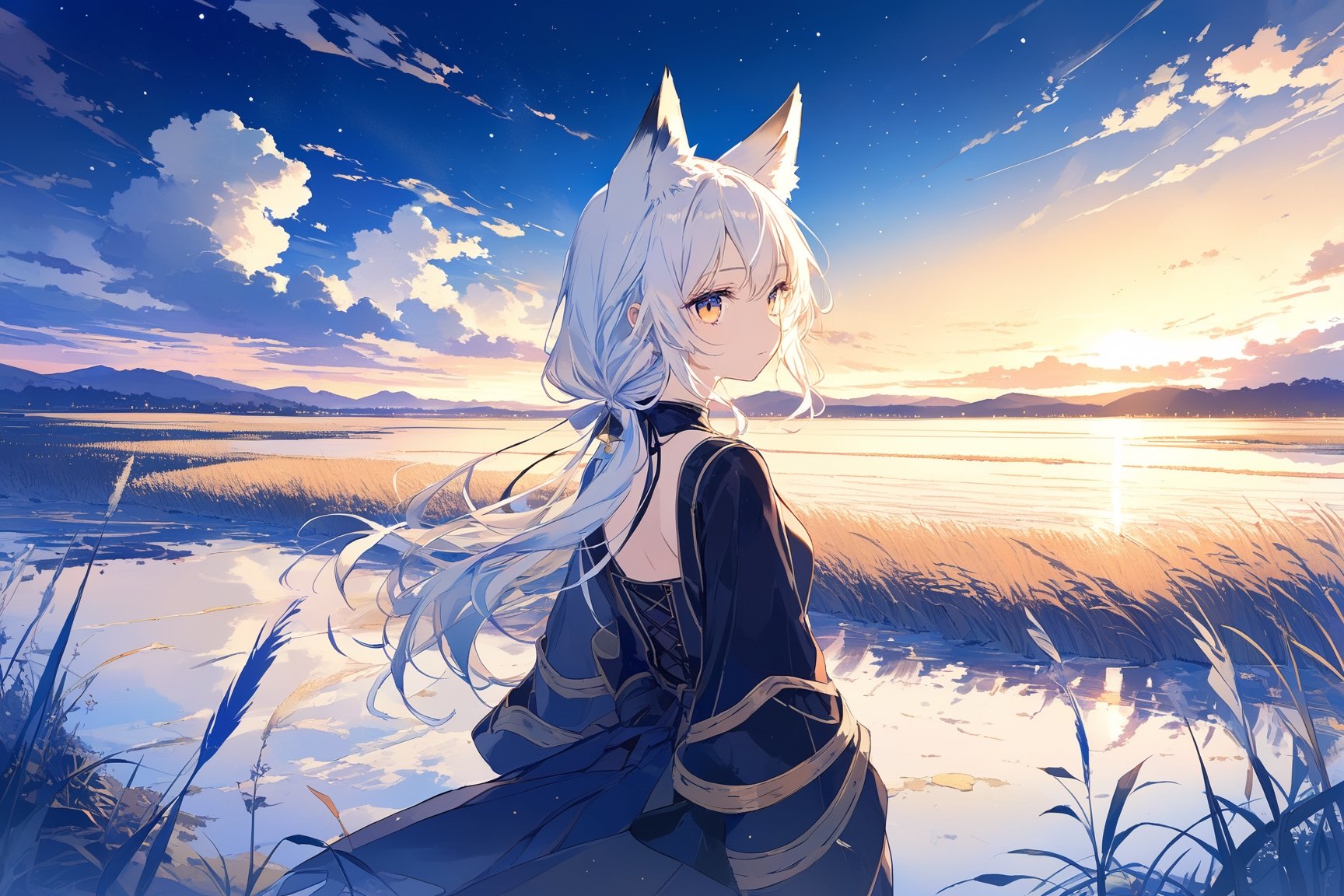 masterpiece, best quality, aethetic,The Faraway Land Beyond,Reed Sea,Sky of Day and Night Blended,The End of Time,A lovely girl,Long light white hair,fox ear,from behind,f/8,120mm,Environmental portrait,Candid,Panoramic view