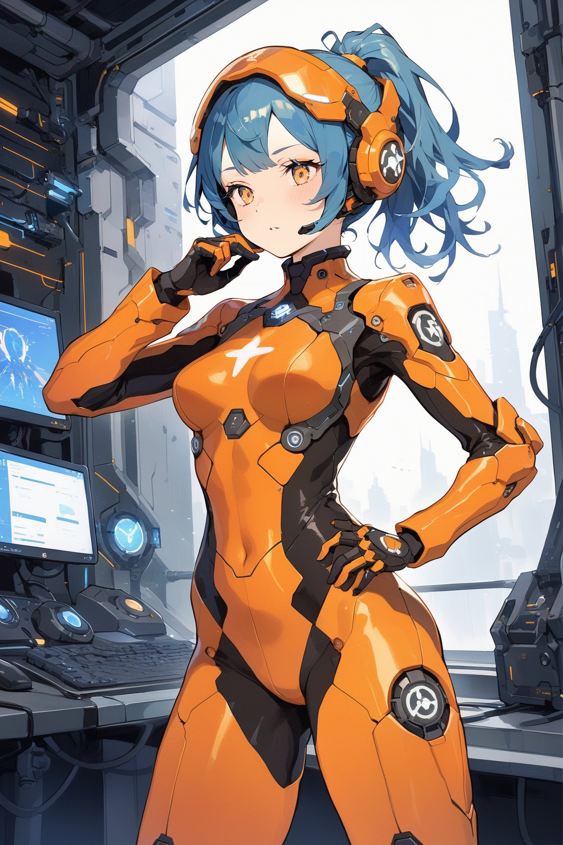 A female mecha pilot,black and orange Tight-fitting pilot suit,blue Ponytail,blue hair,,Thick bangs,Socket,Neural interface,Visual information,Initiate,masterpiece, best quality, aesthetic,glow,LED strip,EL