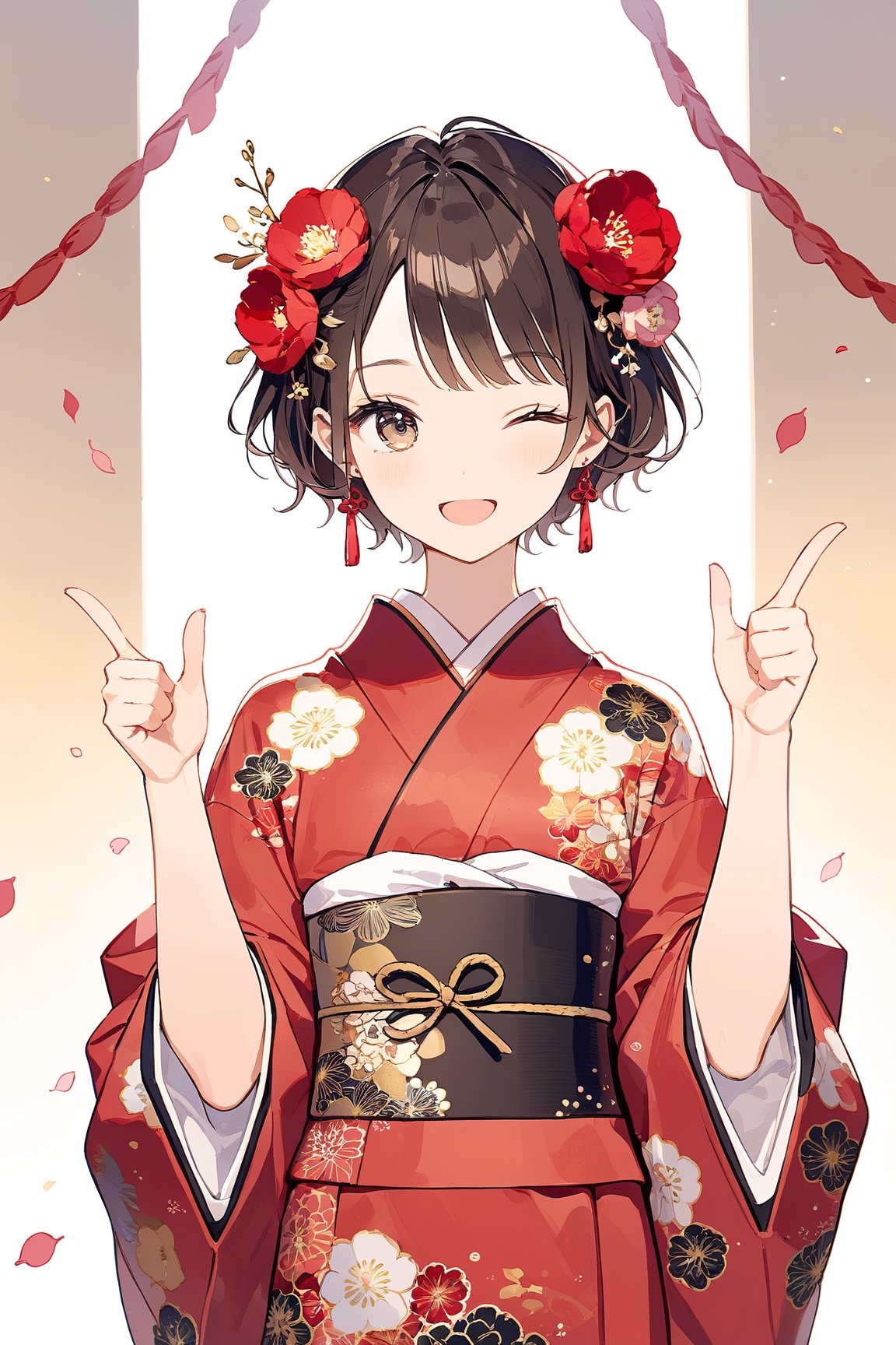 a cute girl,dark brown short hair BREAK red flower hair ornament BREAK red kimono,（eyes closed：1.2）,（double thumbs up：1.2）,:d,natural light,dangle earrings,flower hairpin,masterpiece, best quality, aethetic