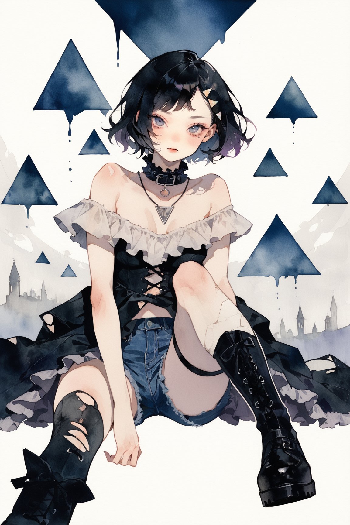 a goth girl,solo,bob haircut,black hair,fit physique,toned,doyagao,off shoulder top,high collar,frilled,torn thighhighs,torn denim shorts,boots,gesture,masterpiece, best quality, aesthetic,looking at viewer,triangle sports Background,pop aesthetic,necklace