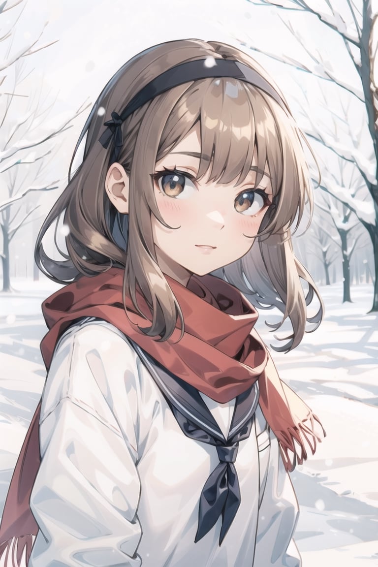 masterpiece,A lovely girl,light brown_longhair,brown_bright eyes,Gentle expression,jkseifuku,Black_headband,red_scarf,snow,Falling snowflakes,winter,（Warm light：1.2）,（Warm tones：1.4）