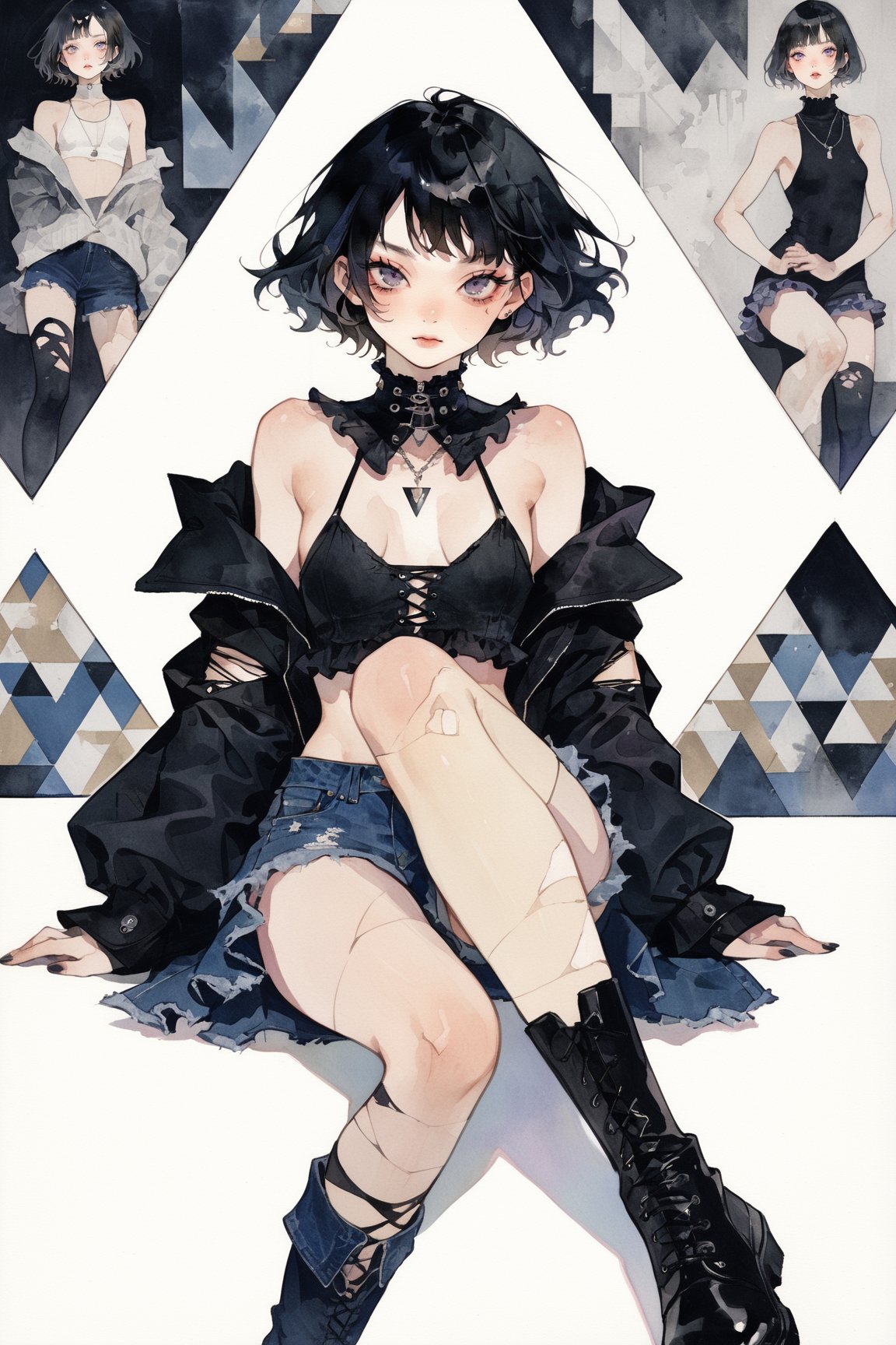 a goth girl,solo,bob haircut,black hair,fit physique,toned,doyagao,off shoulder top,high collar,frilled,torn thighhighs,torn denim shorts,boots,gesture,masterpiece, best quality, aesthetic,looking at viewer,triangle sports Background,pop aesthetic,necklace