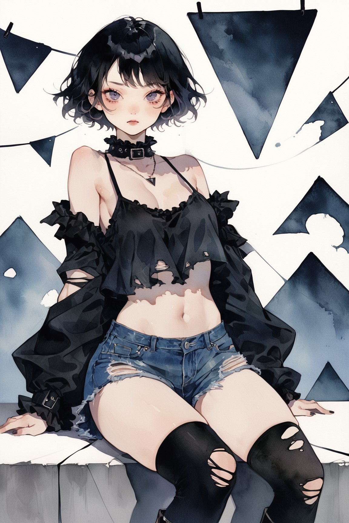 a goth girl,solo,bob haircut,black hair,fit physique,toned,doyagao,off shoulder top,high collar,frilled,torn thighhighs,torn denim shorts,boots,gesture,masterpiece, best quality, aesthetic,looking at viewer,triangle sports Background,pop aesthetic,necklace