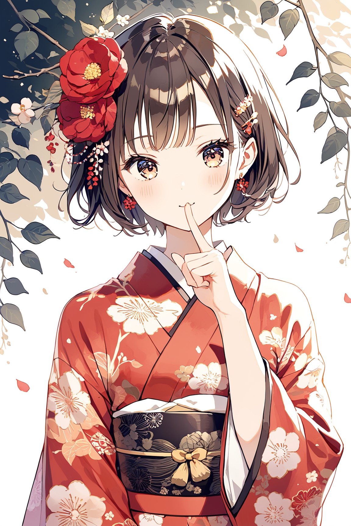 a cute girl,dark brown short hair BREAK red flower hair ornament BREAK red kimono,striking a pose with index finger on the chin, indicating confidence or feeling suave,:d,natural light,dangle earrings,flower hairpin,blush,Mid-shot,masterpiece, best quality, aethetic,（head tilt：1.2）