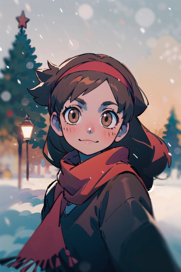 masterpiece,extremely detailed,A lovely girl,light （brown_longhair：1.4）,brown_bright eyes,Gentle expression,black_jkseifuku,Black_headband,red_scarf,snow,Falling snowflakes,winter,（Warm light：1.4）,（Warm tones：1.4）,:),（depth of field：1.6）,200mm,f/2,depth of field,evening,（night：1.2）,shadow,Highlight the characters,（christmas：1.8）,depth of field,ghibli,best quality,High detailed ,（light_face：1.2）,（light Illuminates the face：1.8）,（Bright faces：1.4）