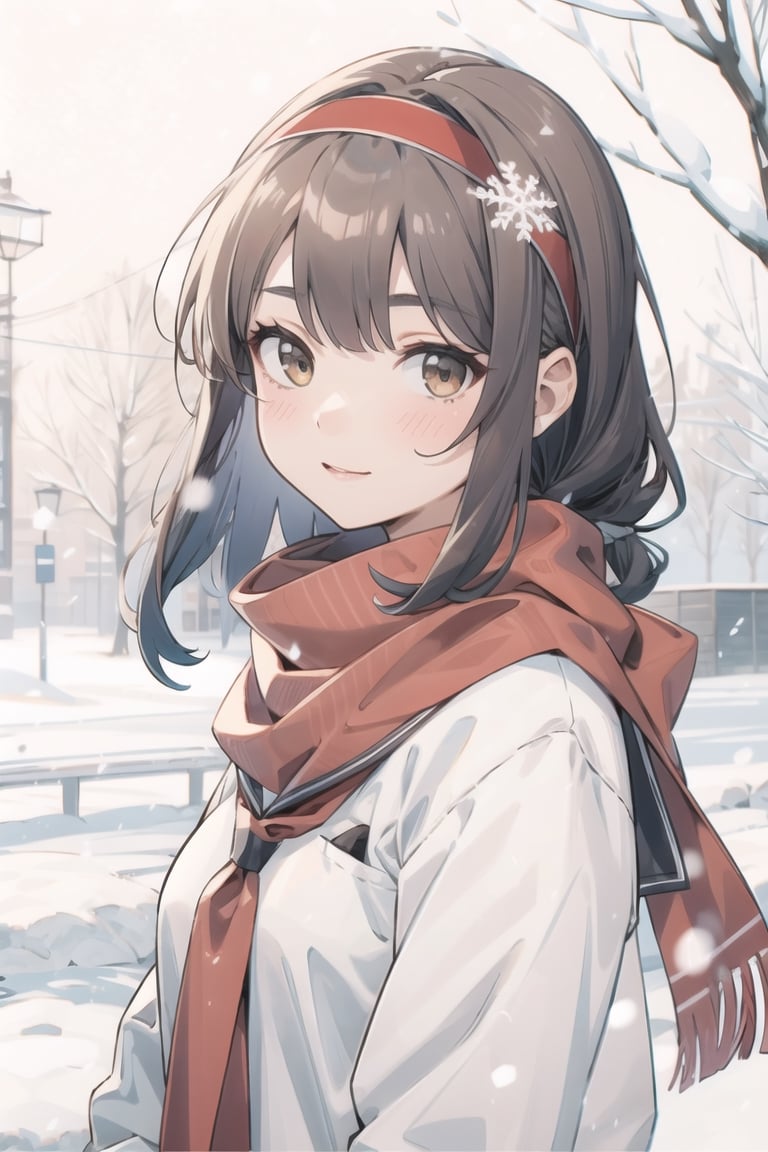 masterpiece,A lovely girl,light brown_longhair,brown_bright eyes,Gentle expression,jkseifuku,Black_headband,red_scarf,snow,Falling snowflakes,winter,（Warm light：1.2）,（Warm tones：1.4）,:),（depth of field：1.4）,135mm,f/1.2