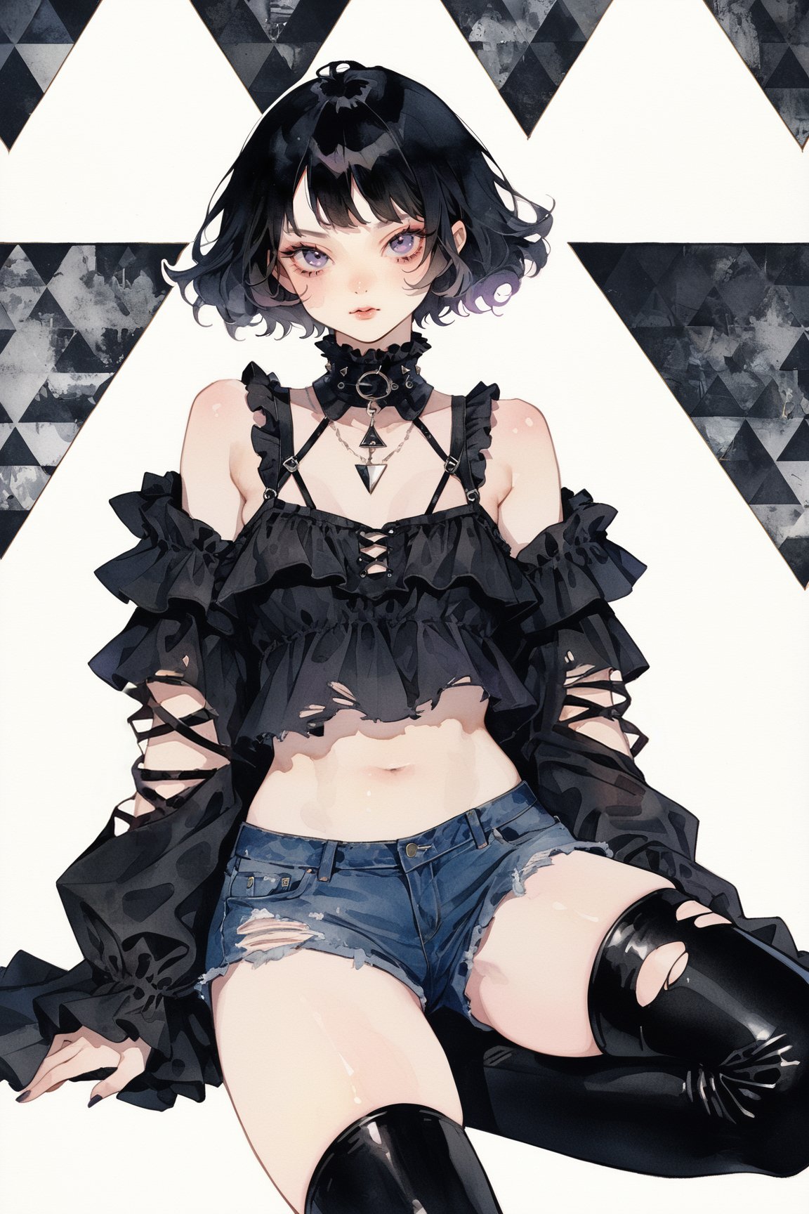 a goth girl,solo,bob haircut,black hair,fit physique,toned,doyagao,off shoulder top,high collar,frilled,thighhighs,torn denim shorts,boots,gesture,masterpiece, best quality, aesthetic,looking at viewer,triangle sports Background,pop aesthetic,necklace