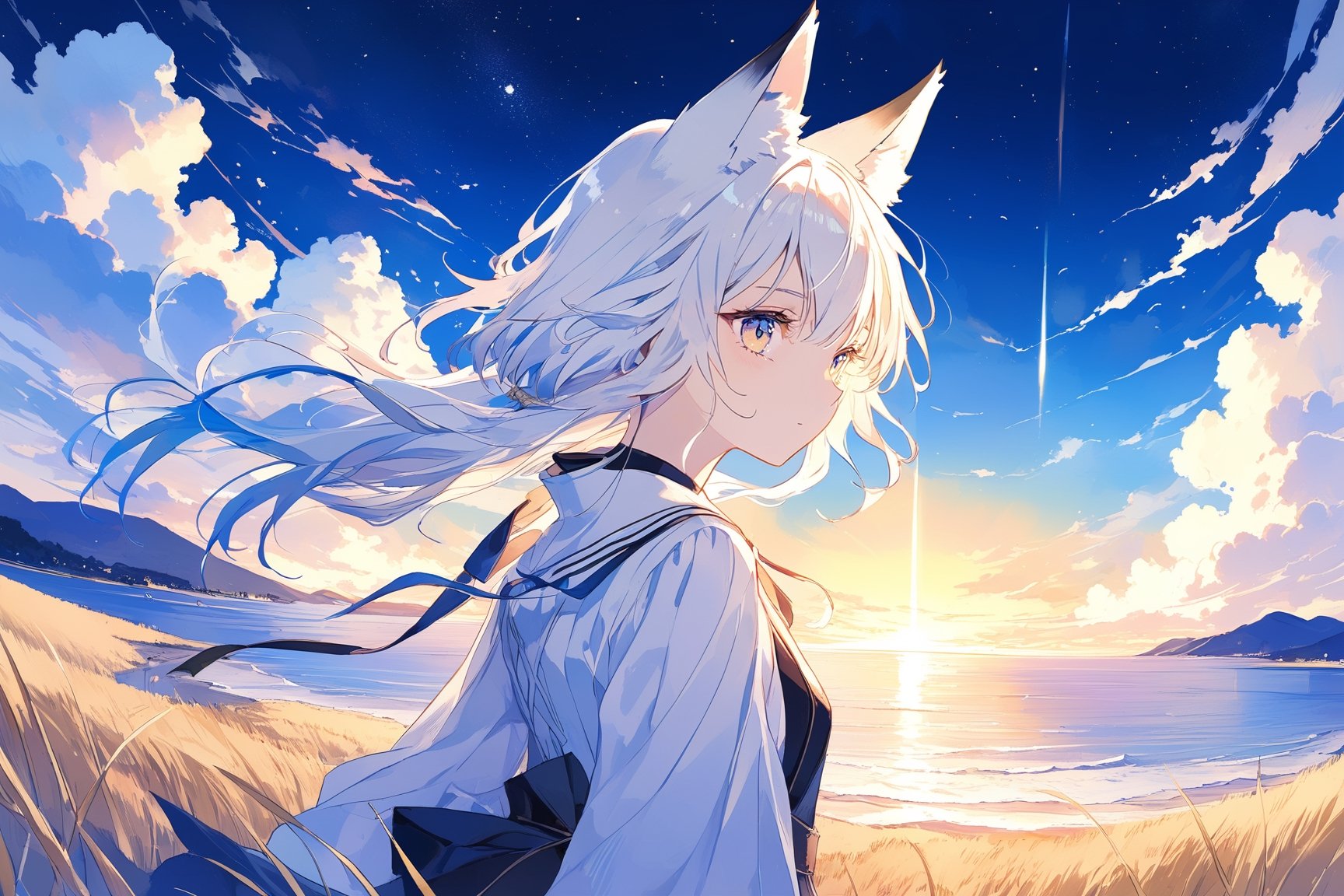 masterpiece, best quality, aethetic,The Faraway Land Beyond,Reed Sea,Sky of Day and Night Blended,The End of Time,A lovely girl,Long light white hair,fox ear,from behind,f/8,120mm,Environmental portrait,Candid,Panoramic view