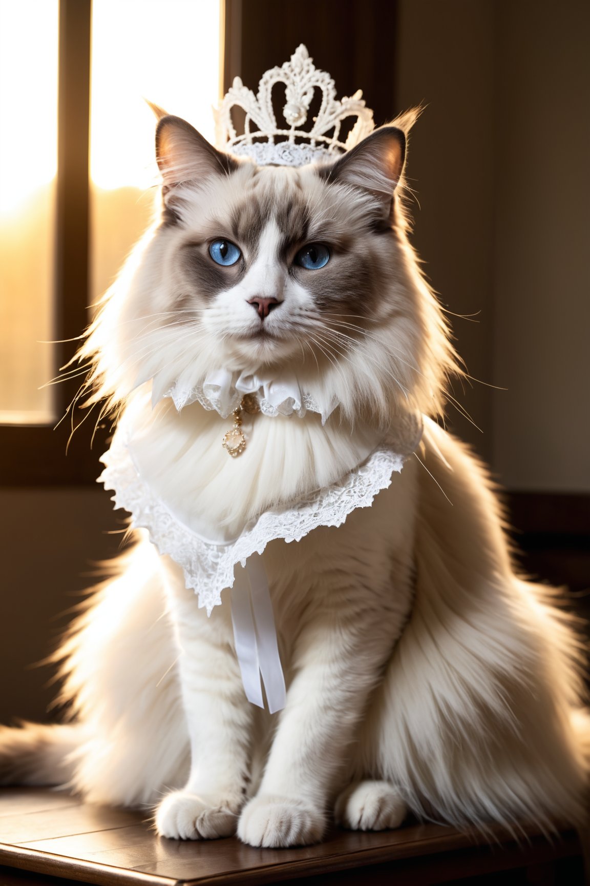 A Ragdoll cat wearing,Colorpoint Ragdoll,maid lace headdress,highly detailed, photorealistic, vibrant, immersive, fantasy setting,indoors,natural light,well-lit,dusk,Vintage filter