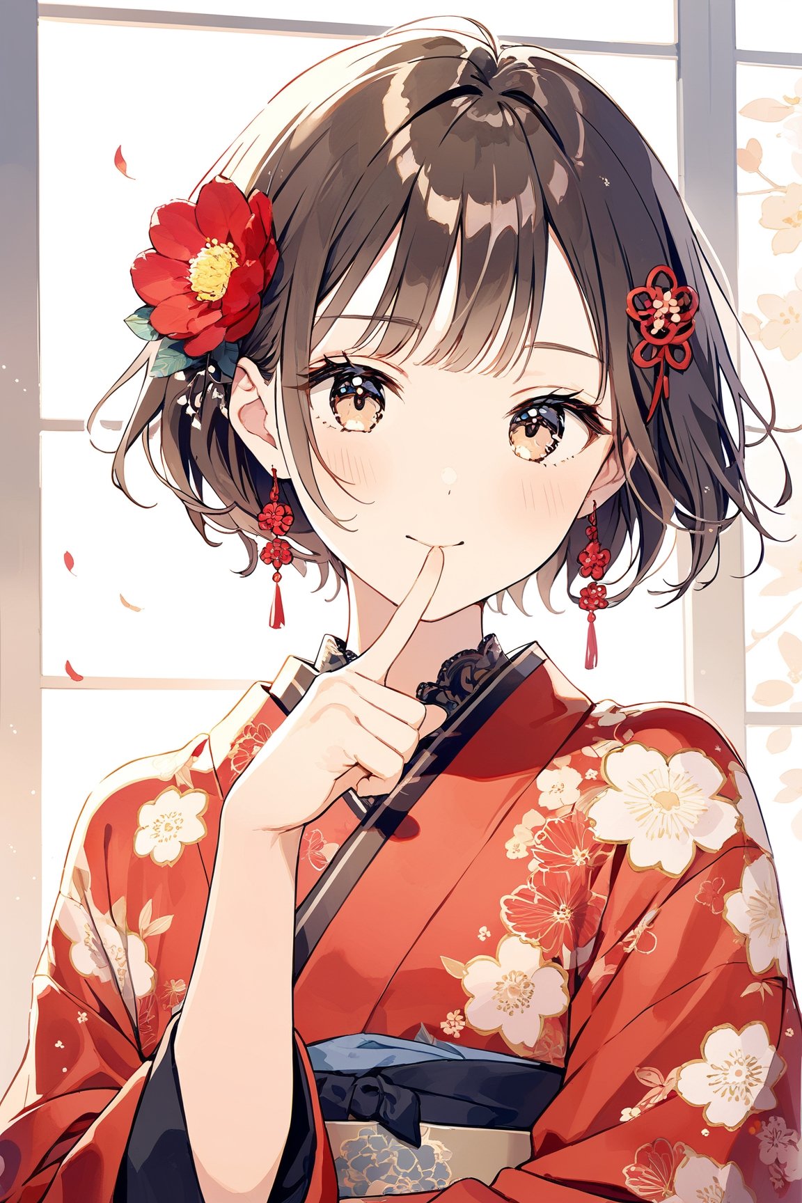 a cute girl,dark brown short hair BREAK red flower hair ornament BREAK red kimono,striking a pose with index finger on the chin, indicating confidence or feeling suave,:d,natural light,dangle earrings,flower hairpin,blush,Mid-shot,masterpiece, best quality, aethetic,（head tilt：1.2）