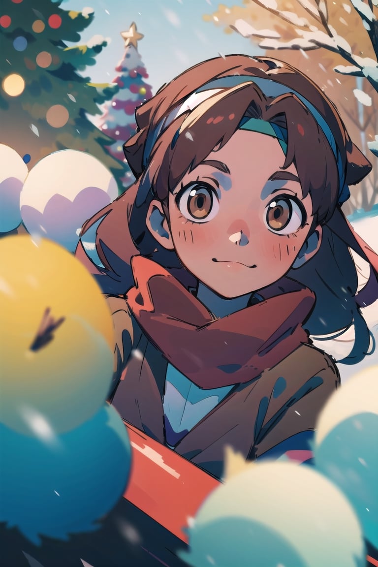 masterpiece,extremely detailed,A lovely girl,light （brown_longhair：1.4）,brown_bright eyes,Gentle expression,black_jkseifuku,Black_headband,red_scarf,snow,Falling snowflakes,winter,（Warm light：1.4）,（Warm tones：1.4）,:),（depth of field：1.6）,200mm,f/2,depth of field,evening,（night：1.2）,shadow,Highlight the characters,（christmas：1.8）,depth of field,ghibli,best quality,High detailed ,（light_face：1.2）,（light Illuminates the face：1.8）,（Bright faces：1.4）