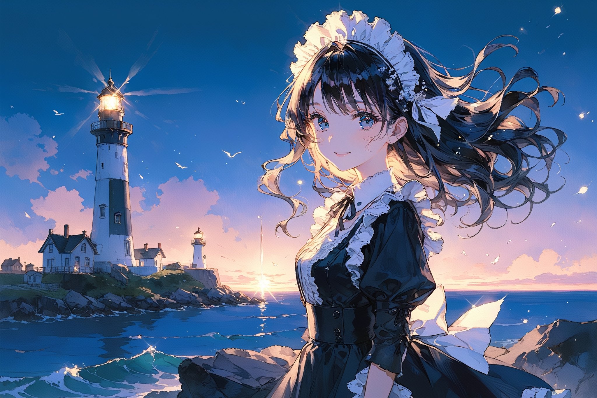 masterpiece, best quality, aesthetic,A mature girl,blue eyes, clear sparkling deep eyes,illustration,black long hair,maid headdress,flower,:>,scenery,lighthouse,evening,Illuminate the darkness,looking at viewer,gentle smile