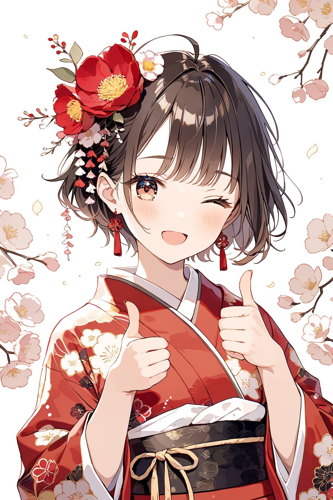 a cute girl,dark brown short hair BREAK red flower hair ornament BREAK red kimono,（eyes closed：1.4）,（double thumbs up：1.2）,:d,natural light,dangle earrings,flower hairpin,blush,masterpiece, best quality, aethetic