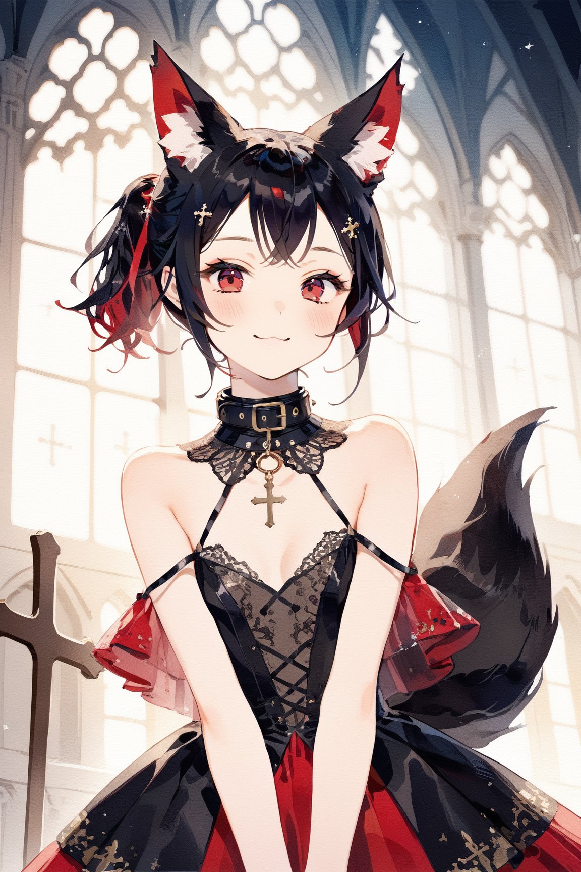 masterpiece, best quality, aesthetic,1girl,solo,Tekeli,black fox ears,animal ear fluff,black fox tail,black hair,red inner hair,(short ponytail:1.4),sidelocks,(red eyes:1.3),fashion,cat_collar,blush,church,natural light,bless you,cross hair accessory,smile,closed mouth,open arms