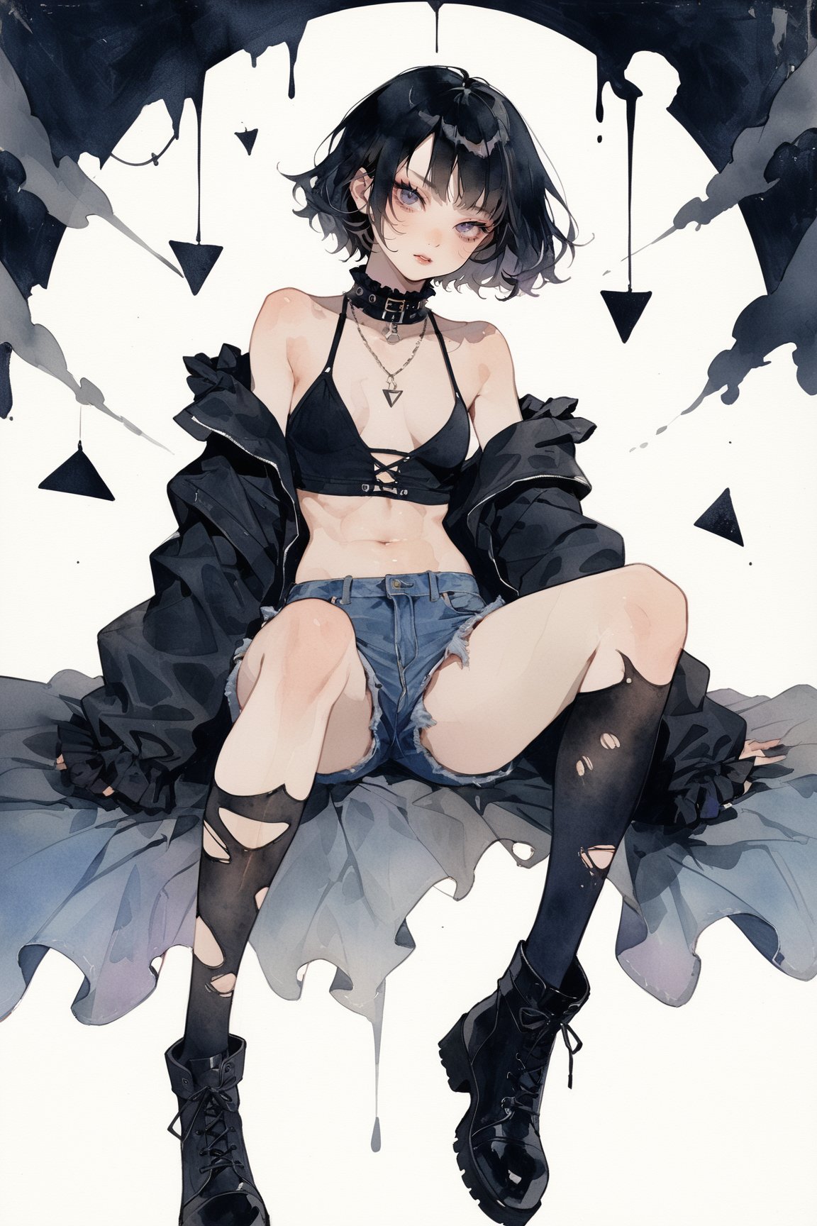 a goth girl,solo,bob haircut,black hair,fit physique,toned,doyagao,off shoulder top,high collar,frilled,torn thighhighs,torn denim shorts,boots,gesture,masterpiece, best quality, aesthetic,looking at viewer,triangle sports Background,pop aesthetic,necklace