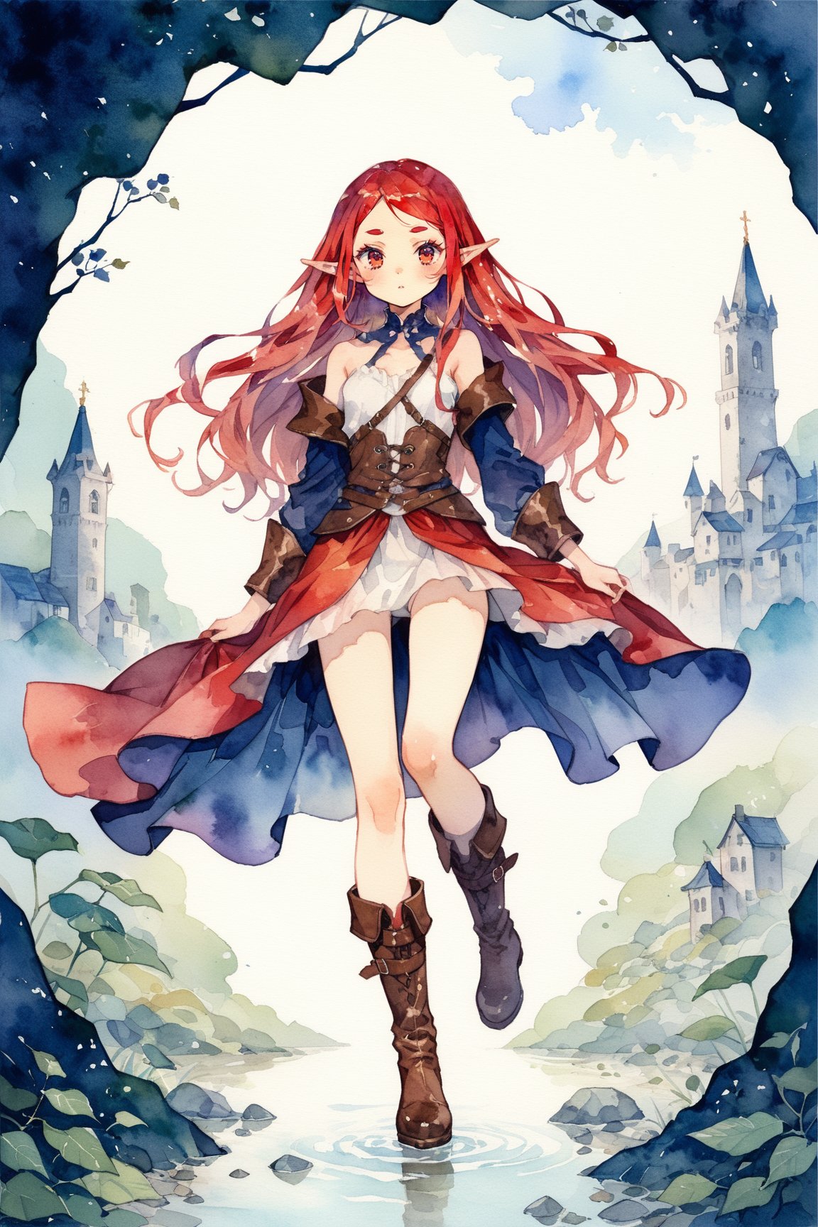 masterpiece, best quality, aesthetic,1girl,solo,elf,tareme,thick eyebrows,[yellow|red] hair,lang hair,hair tie,leather boots,long fall boots,pelvic curtain,,watercolor \(medium\),illustration background