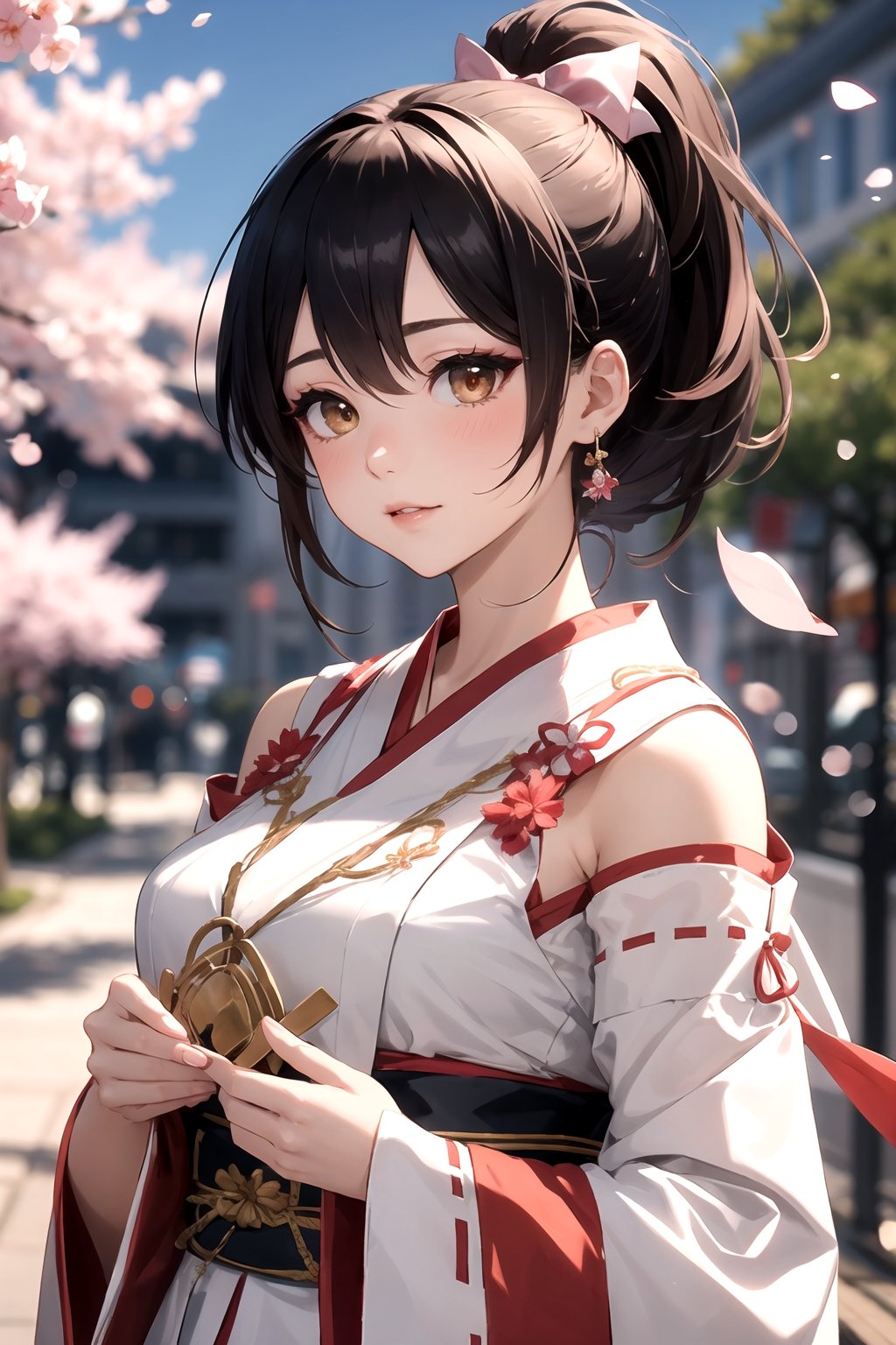 A mature girl,black ponytail holder,red eyeshadow,masterpiece,absurdres,best quality,miko,nontraditional miko,sakura tree,hair bow,scattered petals,bokeh,blurry foreground,1girl