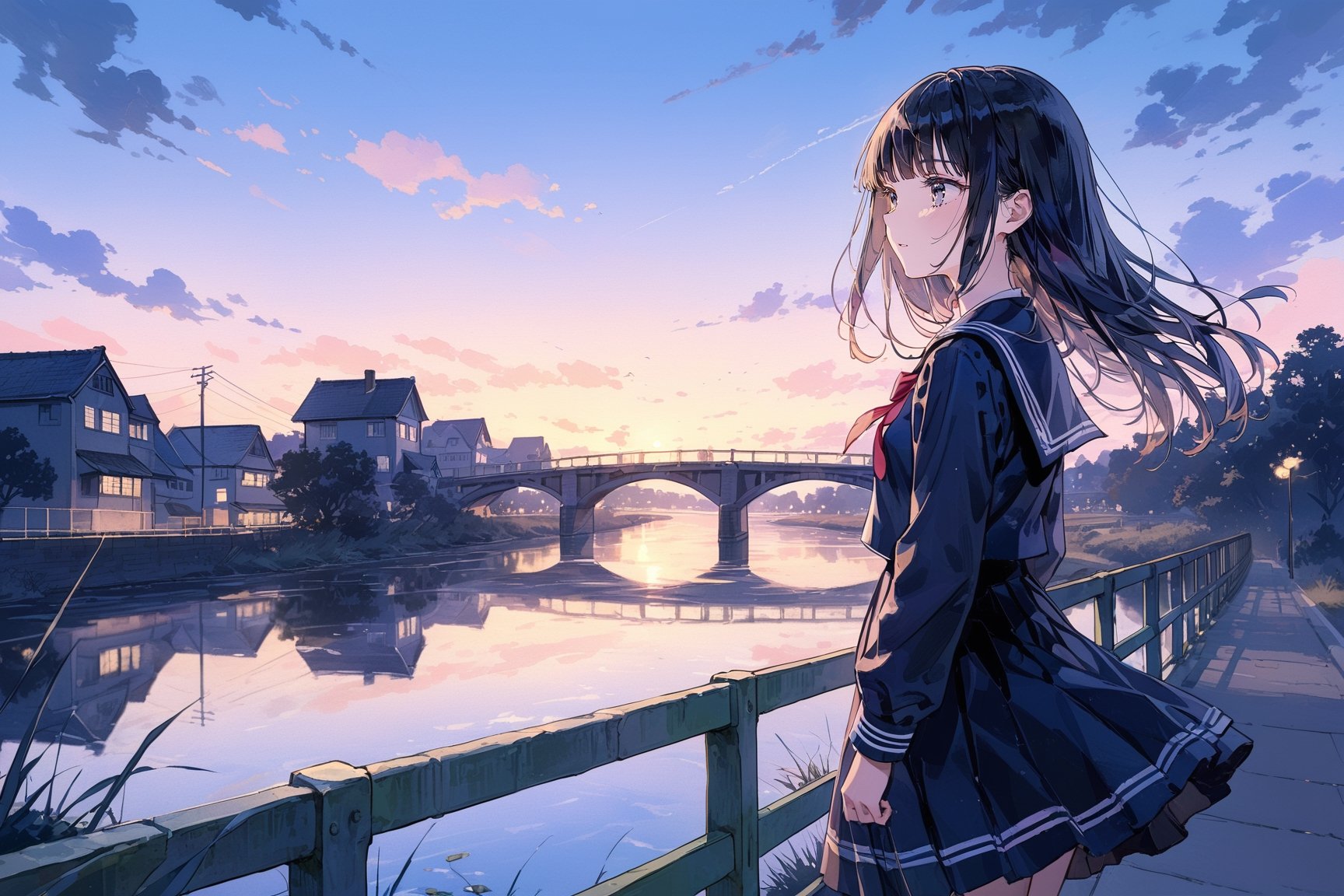 masterpiece, best quality, aesthetic,A Gentle girl,High school girl,black_smooth straight hair,jkseifuku,dusk,riverbank,bridge,wind,scenery,blunt bangs,scenery