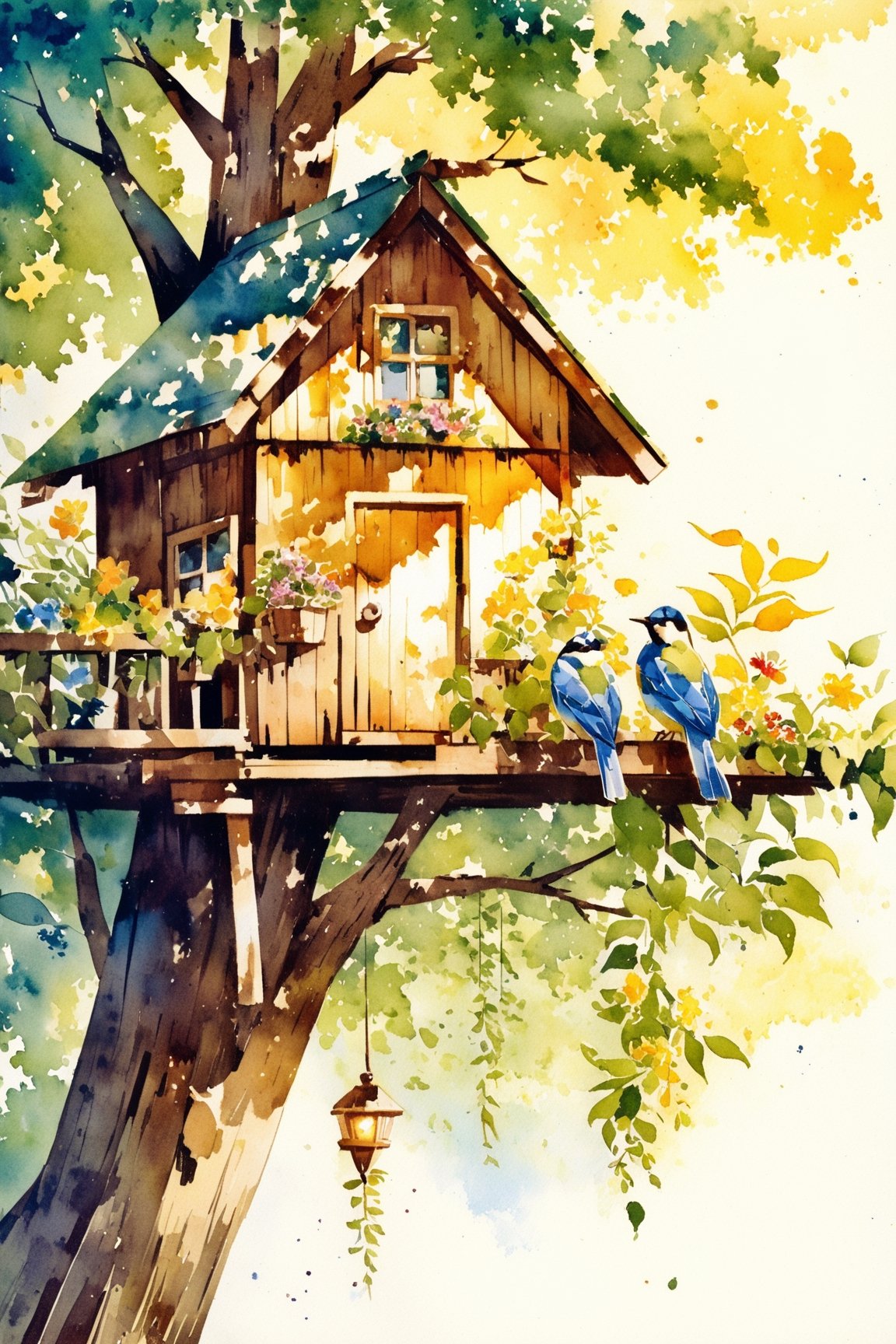 A wooden house in a tree,The sun is shining,Flowers,bird,watercolor (medium),glow,watercolor \(medium\)