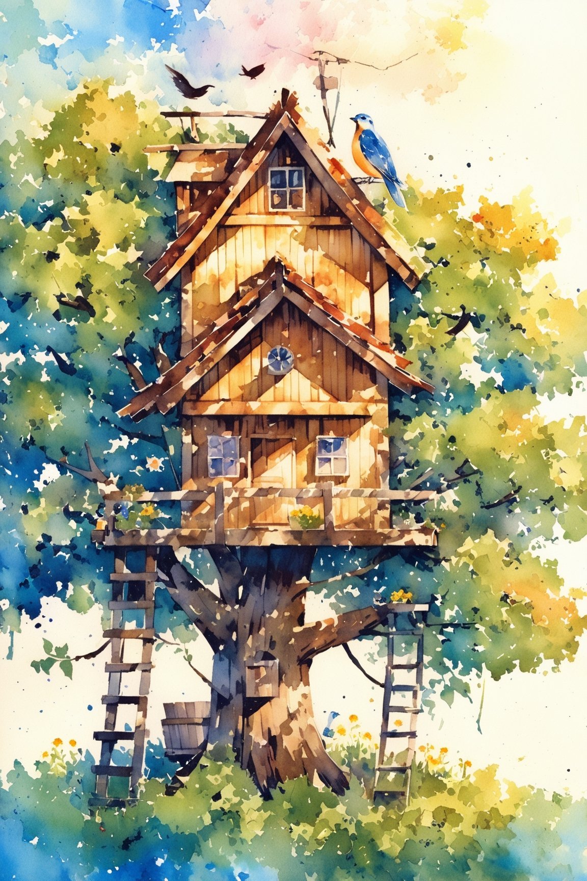 A wooden house in a tree,The sun is shining,Flowers,bird,watercolor (medium),glow,watercolor \(medium\)