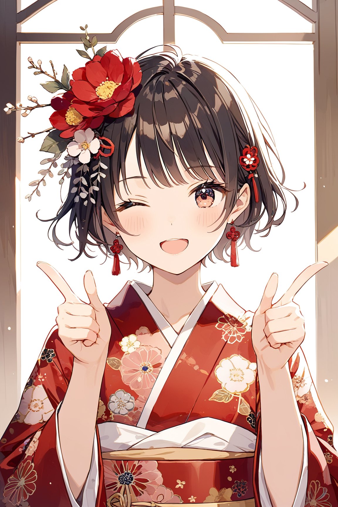 a cute girl,dark brown short hair BREAK red flower hair ornament BREAK red kimono,（eyes closed：1.4）,（double thumbs up：1.2）,:d,natural light,dangle earrings,flower hairpin,blush,masterpiece, best quality, aethetic