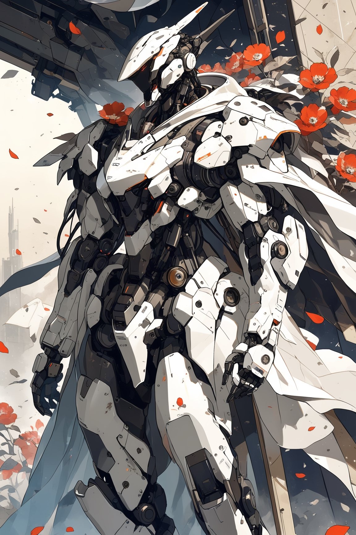 masterpiece, best quality, aethetic,robot,science fiction,rough,damaged, dirty,backpack,high-precision sensor,ash,flower,petals,wind,cape,geometric background