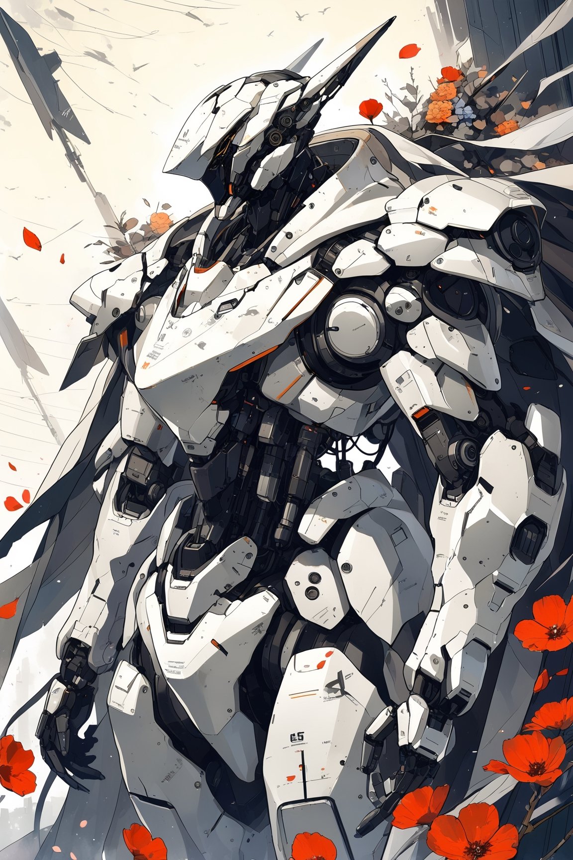 masterpiece, best quality, aethetic,robot,science fiction,rough,damaged, dirty,backpack,high-precision sensor,ash,flower,petals,wind,cape,geometric background