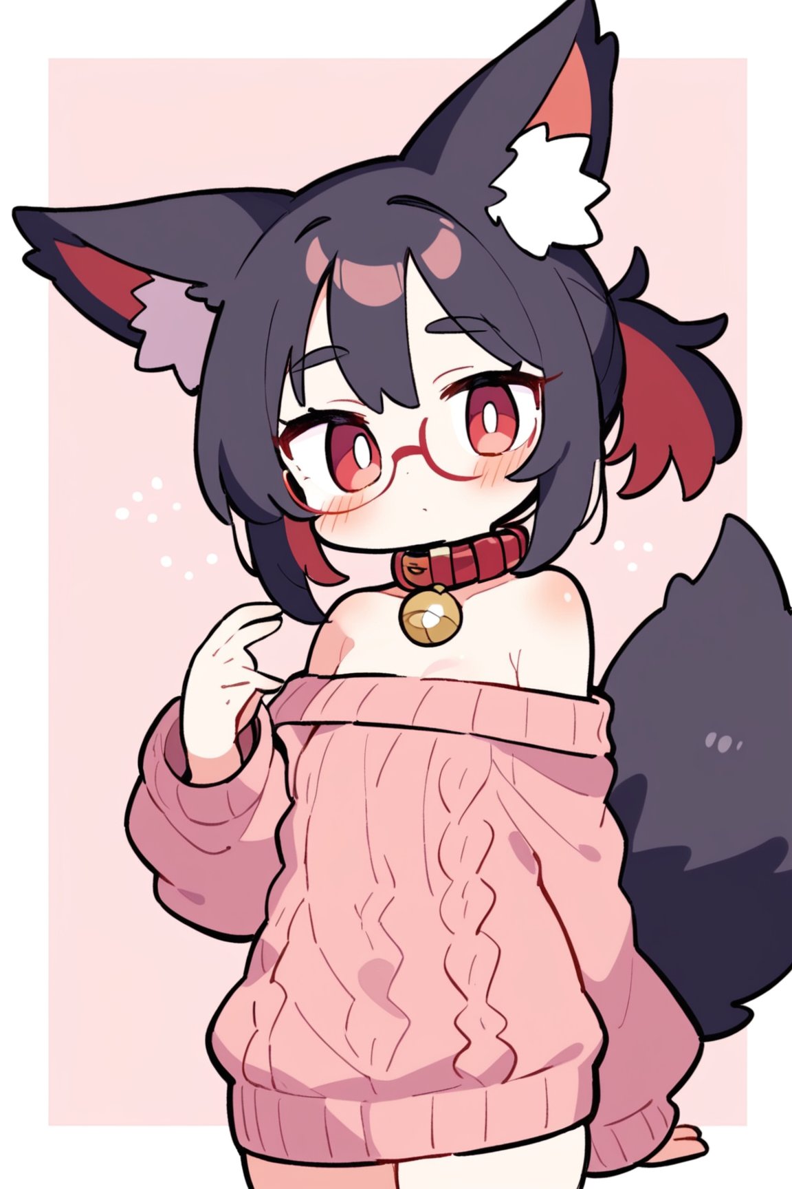 masterpiece, best quality,pokemon \(Mew)\,Tekeli,black fox ears,animal ear fluff,black fox tail,black hair,red inner hair,short ponytail,sidelocks,(red eyes:1.3),red_glasses,fashion,cat_collar,blush,off-shoulder sweater,flat chest,otoko no ko,white border,pokemon \(Mew)\