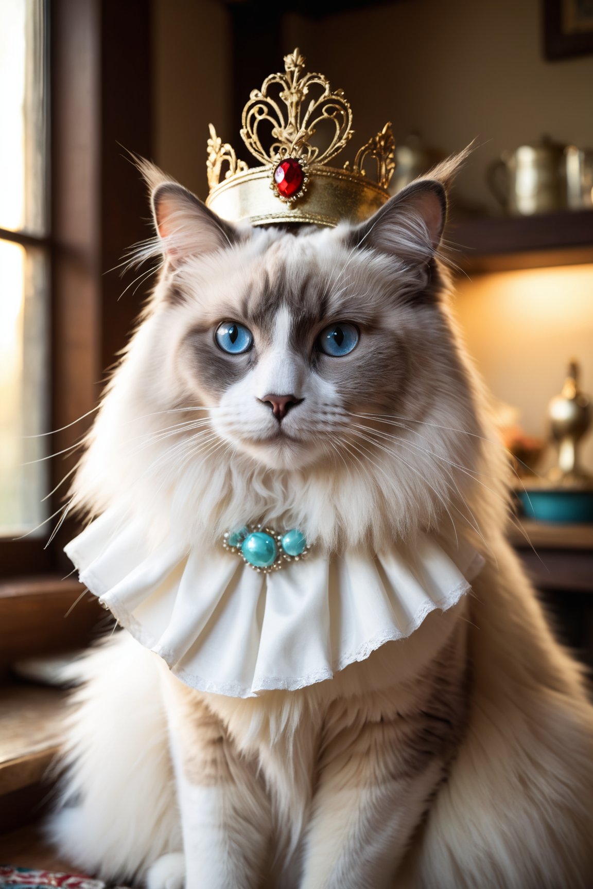 A Ragdoll cat wearing,Colorpoint Ragdoll,maid headdress,highly detailed, photorealistic, vibrant, immersive, fantasy setting,indoors,natural light,well-lit,dusk,Vintage filter