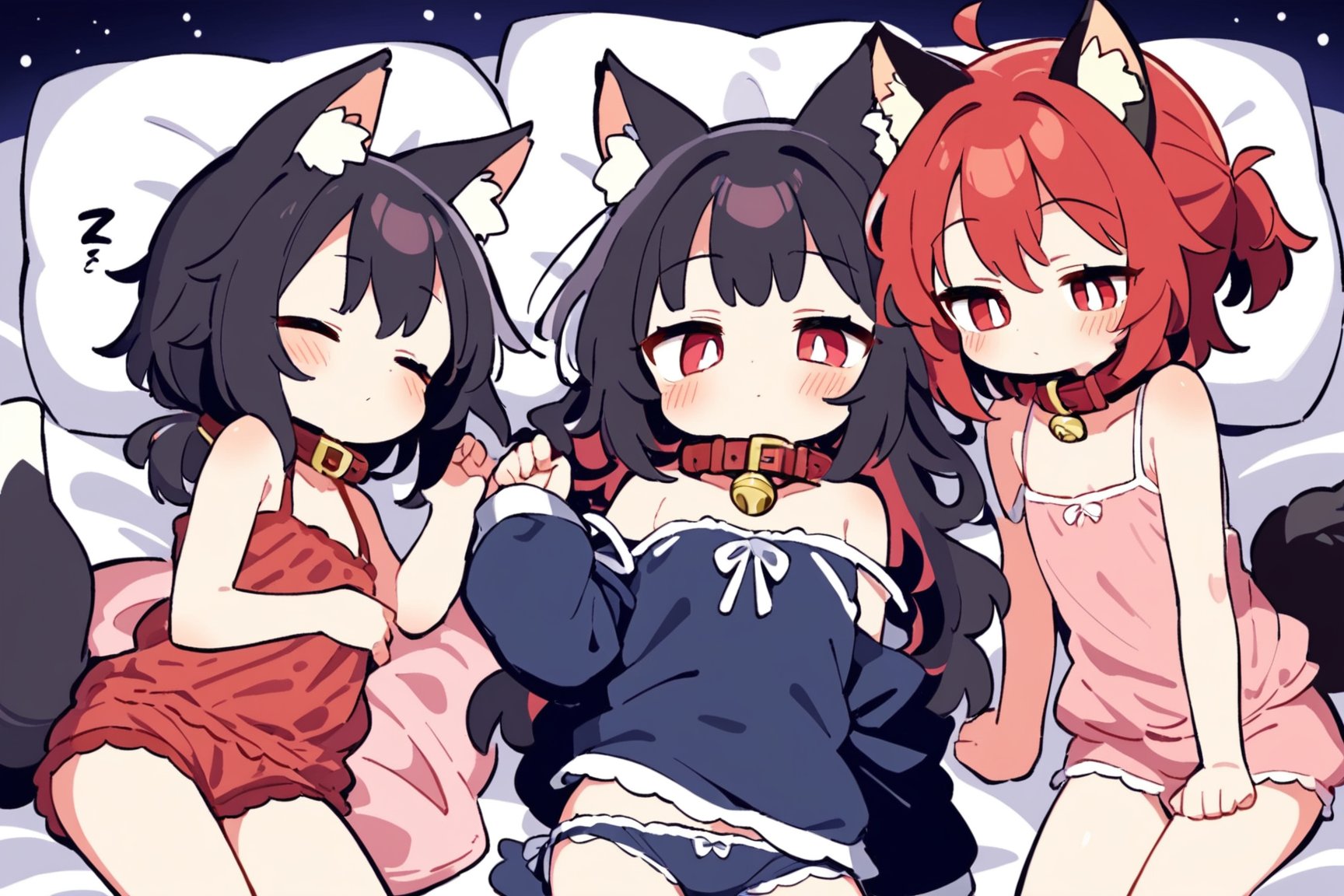 masterpiece, best quality,Tekeli,black fox ears,animal ear fluff,black fox tail,black hair,red inner hair,short ponytail,sidelocks,(red eyes:1.3),,fashion,cat_collar,blush,flat chest,otoko no ko,sleepwear,sleeping,bed,night,zzz,eyes closed