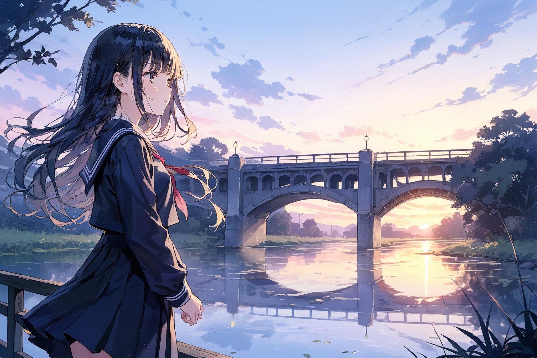 masterpiece, best quality, aesthetic,A Gentle girl,High school girl,black_smooth straight hair,jkseifuku,dusk,riverbank,bridge,wind,scenery,blunt bangs