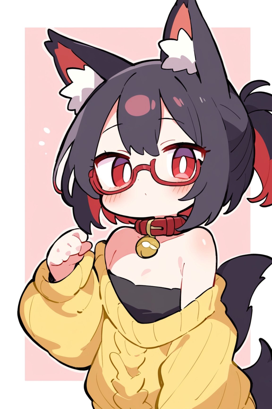 masterpiece, best quality,pokemon \(Mew)\,Tekeli,black fox ears,animal ear fluff,black fox tail,black hair,red inner hair,short ponytail,sidelocks,(red eyes:1.3),red_glasses,fashion,cat_collar,blush,off-shoulder sweater,flat chest,otoko no ko,white border,pokemon \(Mew)\