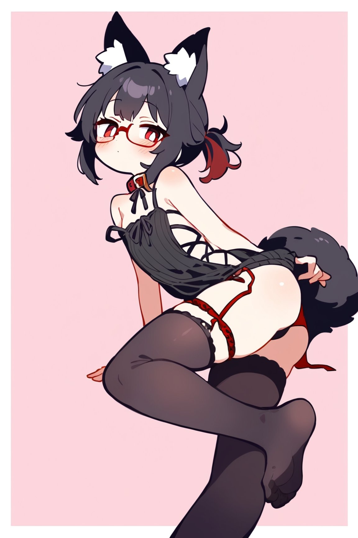 masterpiece, best quality,1girl,solo,Tekeli,black fox ears,animal ear fluff,black fox tail,black hair,red inner hair,short ponytail,sidelocks,(red eyes:1.3),red_glasses,fashion,cat_collar,blush,virgin killer lingerie,stirrup leggings,legwear garter,foot focus,off-shoulder sweater,flat chest,otoko no ko,white border