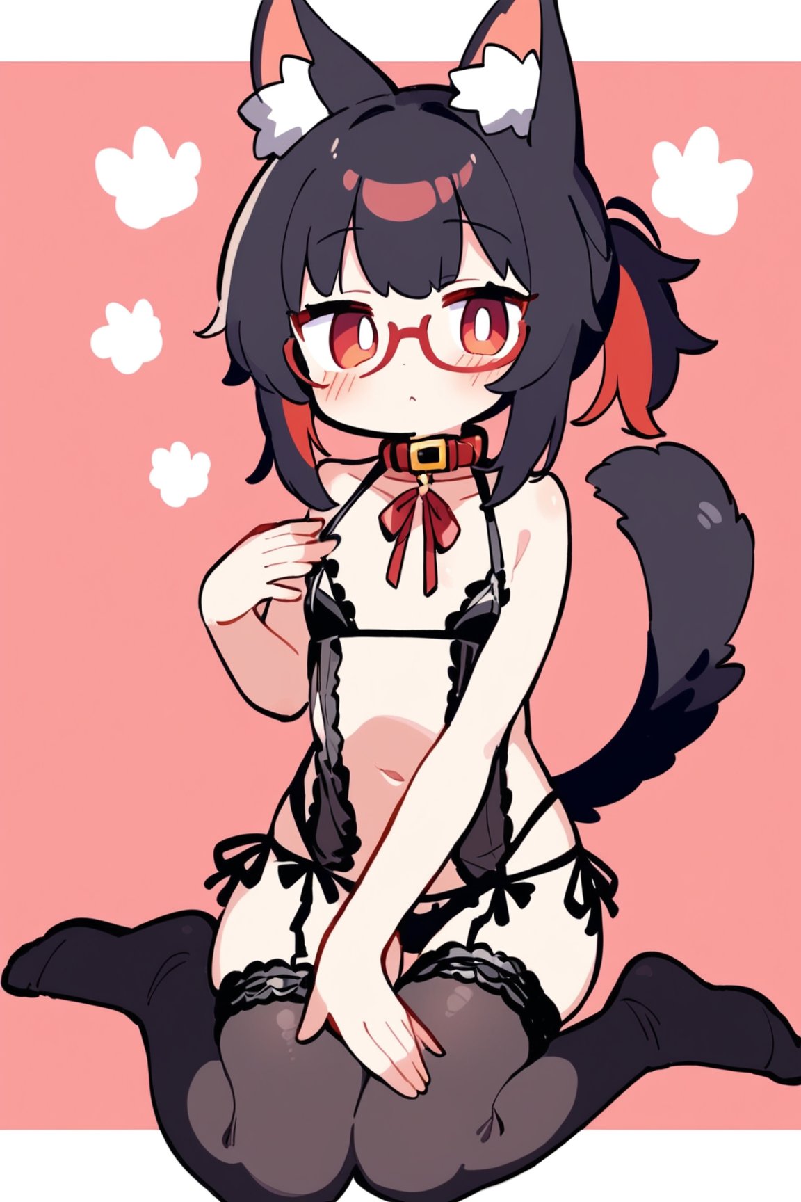 masterpiece, best quality,1girl,solo,Tekeli,black fox ears,animal ear fluff,black fox tail,black hair,red inner hair,short ponytail,sidelocks,(red eyes:1.3),red_glasses,fashion,cat_collar,blush,virgin killer lingerie,stirrup leggings,legwear garter,foot focus,off-shoulder sweater,flat chest,otoko no ko,white border