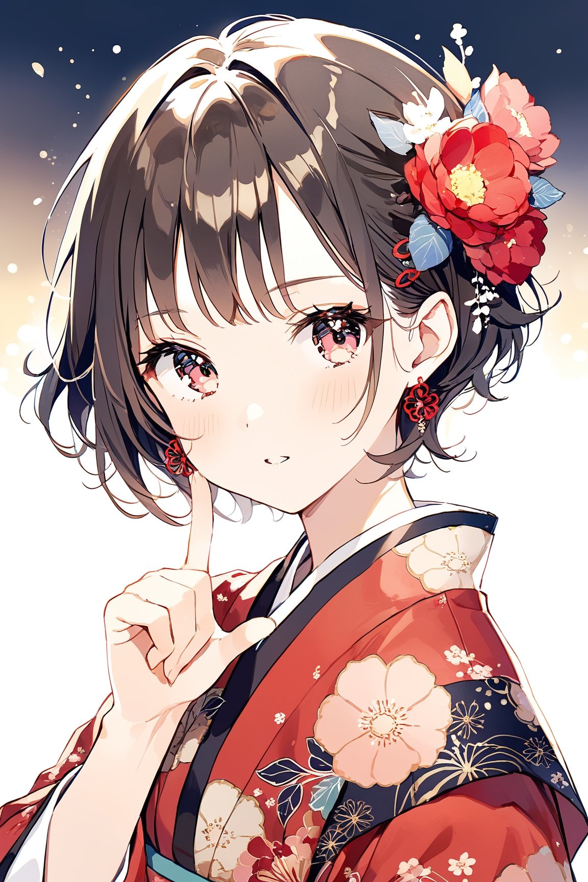 a cute girl,dark brown short hair BREAK red flower hair ornament BREAK red kimono,striking a pose with index finger on the chin, indicating confidence or feeling suave,:d,natural light,dangle earrings,flower hairpin,blush,Mid-shot,masterpiece, best quality, aethetic,（head tilt：1.2）