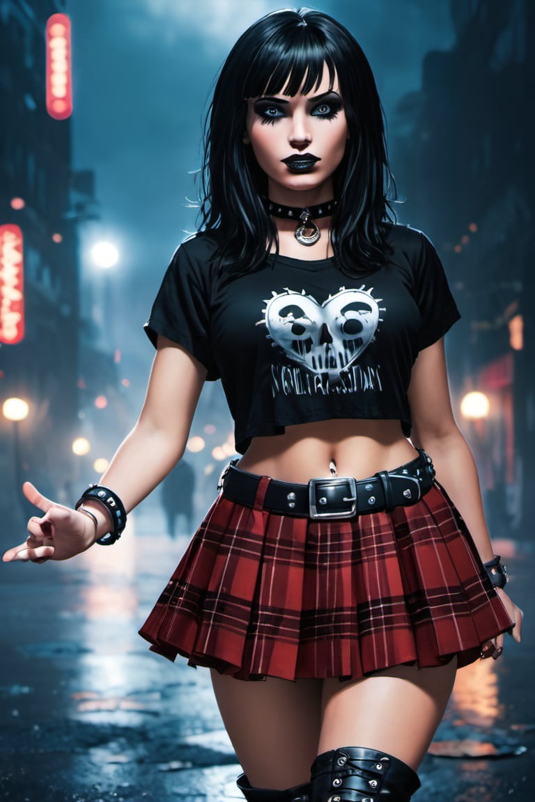 High resolution, full detailed, better image quality,

Believe me a beautiful goth girl, who has black hair with Half-sided bangs painted dark red, with a short shirt that shows the man, with a black and red plaid skirt, with black boots, with a punk style bracelet, and the punk style belt,  3/4 shot, on a foggy night street, holding her shirt up, showing off tits((nsfw)), druun4wmn