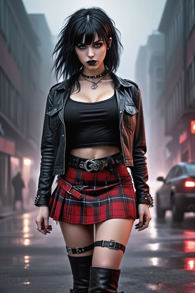 High resolution, full detailed, better image quality,

Believe me a beautiful goth girl, who has black hair with Half-sided bangs painted dark red, with a short shirt that shows the man, with a black and red plaid skirt, with black boots, with a punk style bracelet, and the punk style belt,  3/4 shot, on a foggy night street, (((flashing her tits))), holding her shirt up, showing off tits((nsfw)), druun4wmn