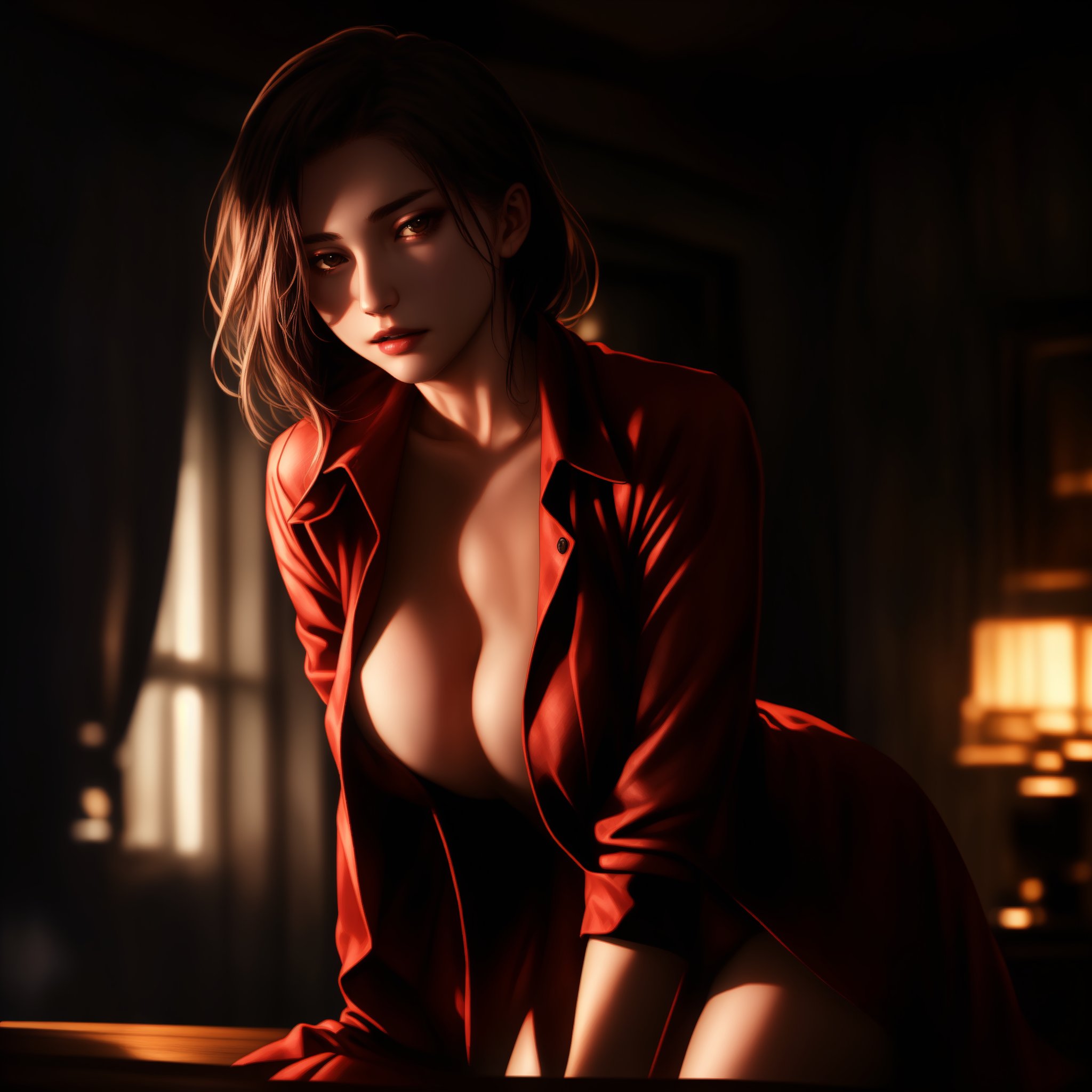 A sultry woman poses seductively in a dimly lit room, shrouded in mystery. Soft focus captures the subtleties of her alluring expression, as she wears revealing attire that hints at an intimate atmosphere. The camera lingers on her, inviting the viewer to step into the warm, sensual space.