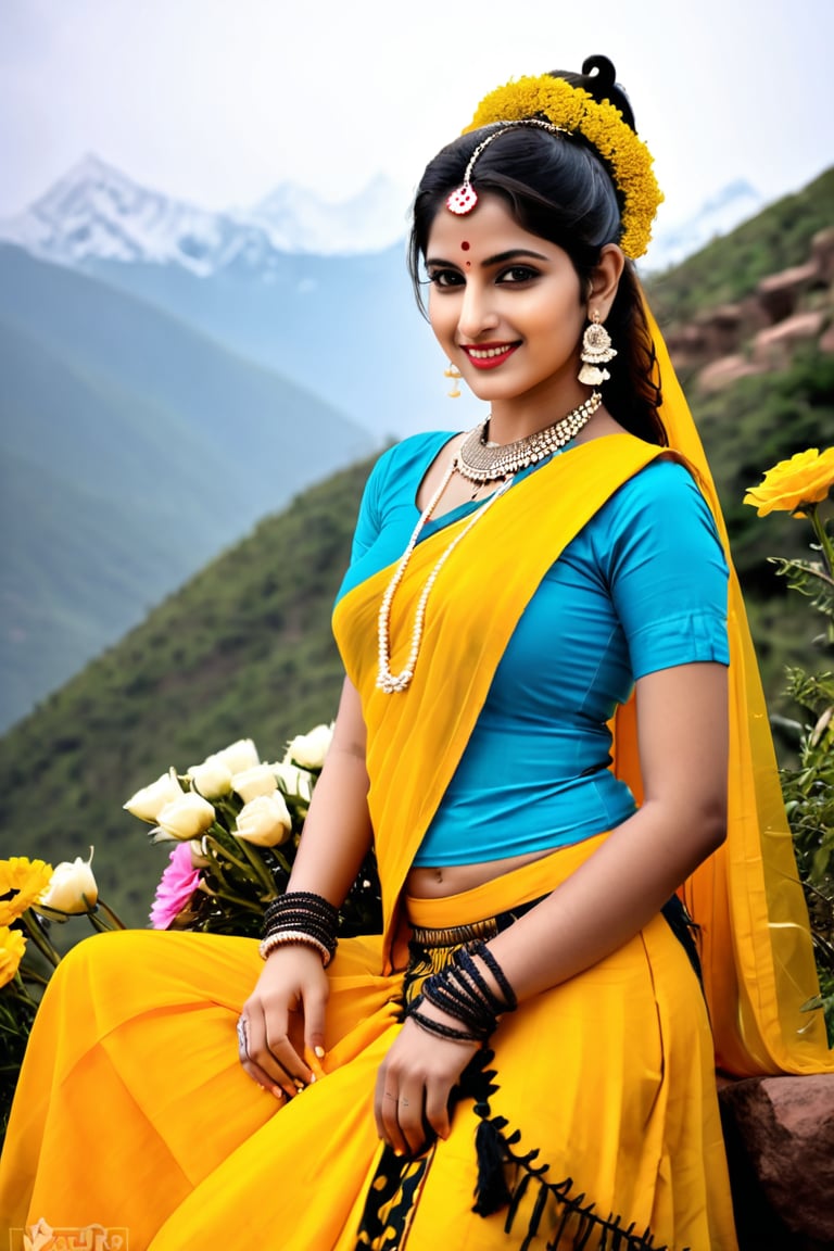 beautiful shiva girl, realistic Indian beauty, yellow ghagra, black HD eyes, look at viewer, real lips, real skin tone, real HD image, HD face, full body shot head to toe, HD smile, Shivalinga pray with flowers, on mountain,