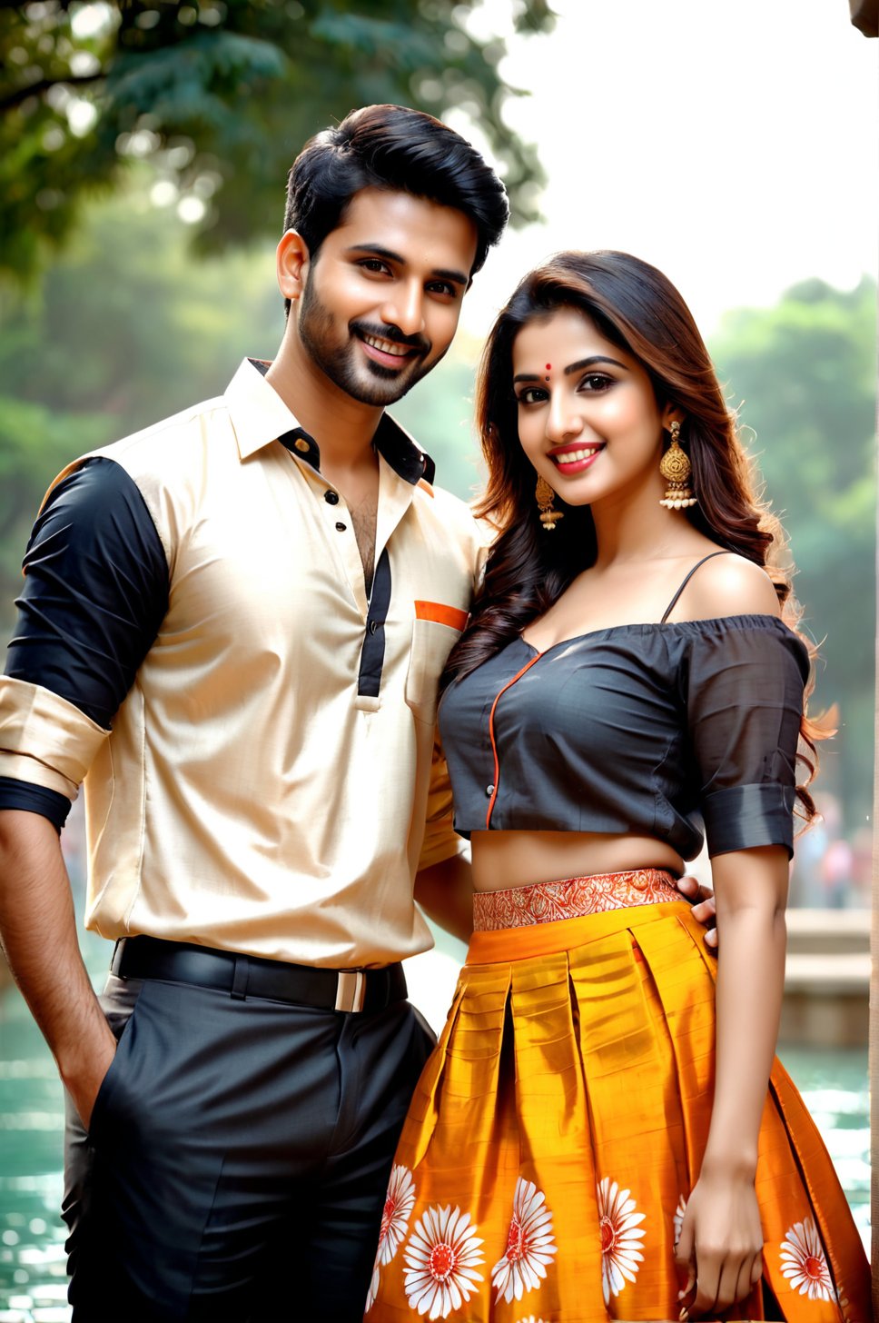 beautiful young couple, HD Face, masterpiece, best quality, realistic, 1girl, indian golden dress, traditional flower printed skirt, black HD eyes look at viewer, real lips, real HD image, HD face, handsome man, fair skin, real indian eyes, orenge colour shirt, real HD face, clean shave, full body shot head to toe, HD smile, love in fountain park,