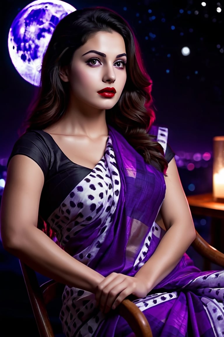 beautiful girl, purple printed saree, real Indian beauty, real black eyes, red lips, in the moon light, full photo, sitting on the chair, look at viewer,