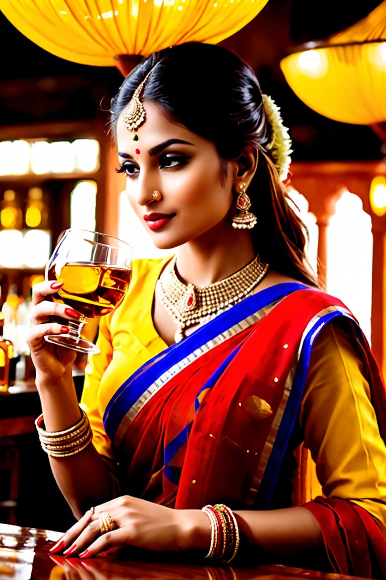 Rajasthani royal beuty, wearing red yellow chunari, whisky glass, drinking whiskey, in BAR,