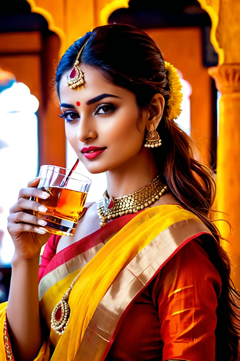 Rajasthani royal beuty, wearing red yellow chunari, whisky glass, drinking whiskey, in BAR,