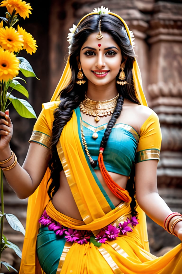 beautiful shiva girl, realistic Indian beauty, yellow ghagra, black HD eyes, look at viewer, real lips, real skin tone, real HD image, HD face, full body shot head to toe, HD smile, shiv linga pray with flowers, full photo,