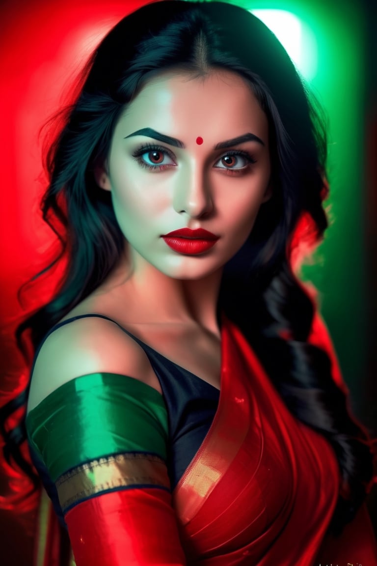 beautiful girl, green red saree, real Indian beauty, real black eyes, red lips, in the cool light, full photo, look at viewer,